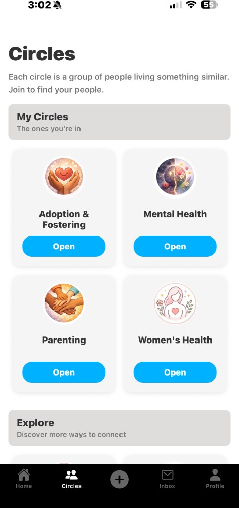 Venn Social Circles screen: My Circles and Explore communities with Open buttons.